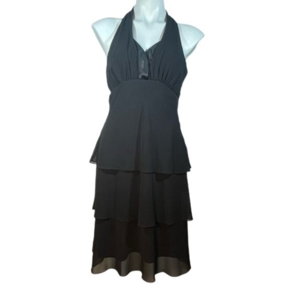 Evan Picone black tiered chiffon dress with accent satin tuxedo stripe at neck